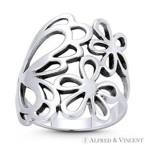 Butterfly & Flower Wide Charm Statement Ring in .925 Sterling Silver - Size 8
